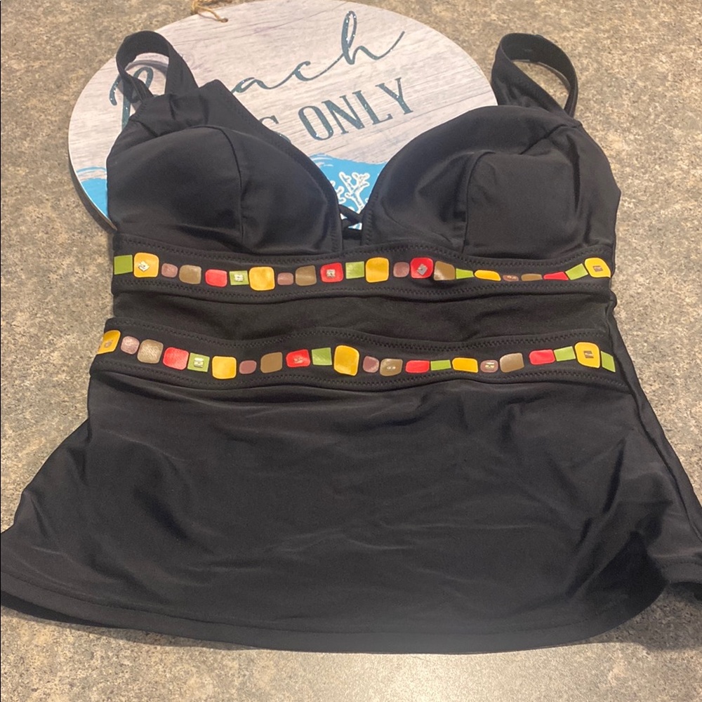 Profile By Gottex Black Tankini with Colorful Geometric Accents